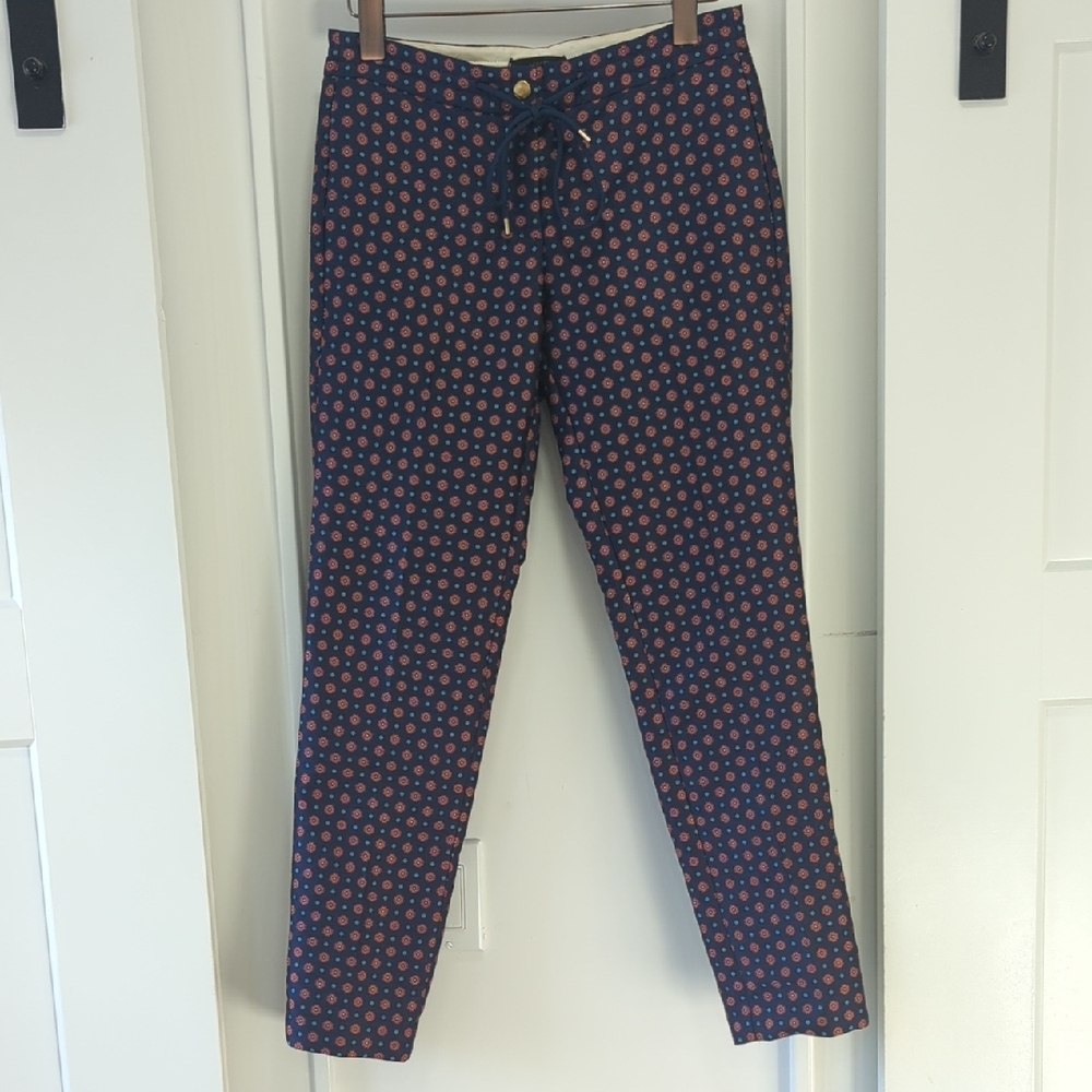 J. CREW Navy Blue and Red Foulard Jacquard Pants with Drawstring Size 00